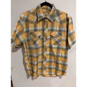 Western Pearl Snap Shirt-BJR Vintage Yellow/Blue Plaid S/S Mens EUC Medium